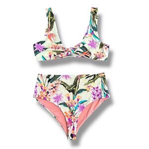 Dippin’ Daisy’s Swimwear Floral Bikini Set High Waisted‎ Knotted Top Size M